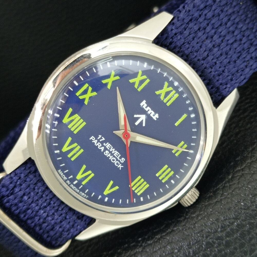 Vintage 1985 HMT Manual Wound Mens Silver Watch & Green accents